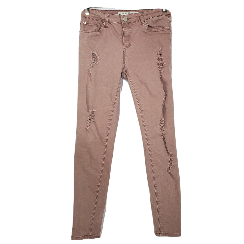 Ashley Mason Jeans Womens Juniors 7 Pink Distressed Stretch Mid Rise